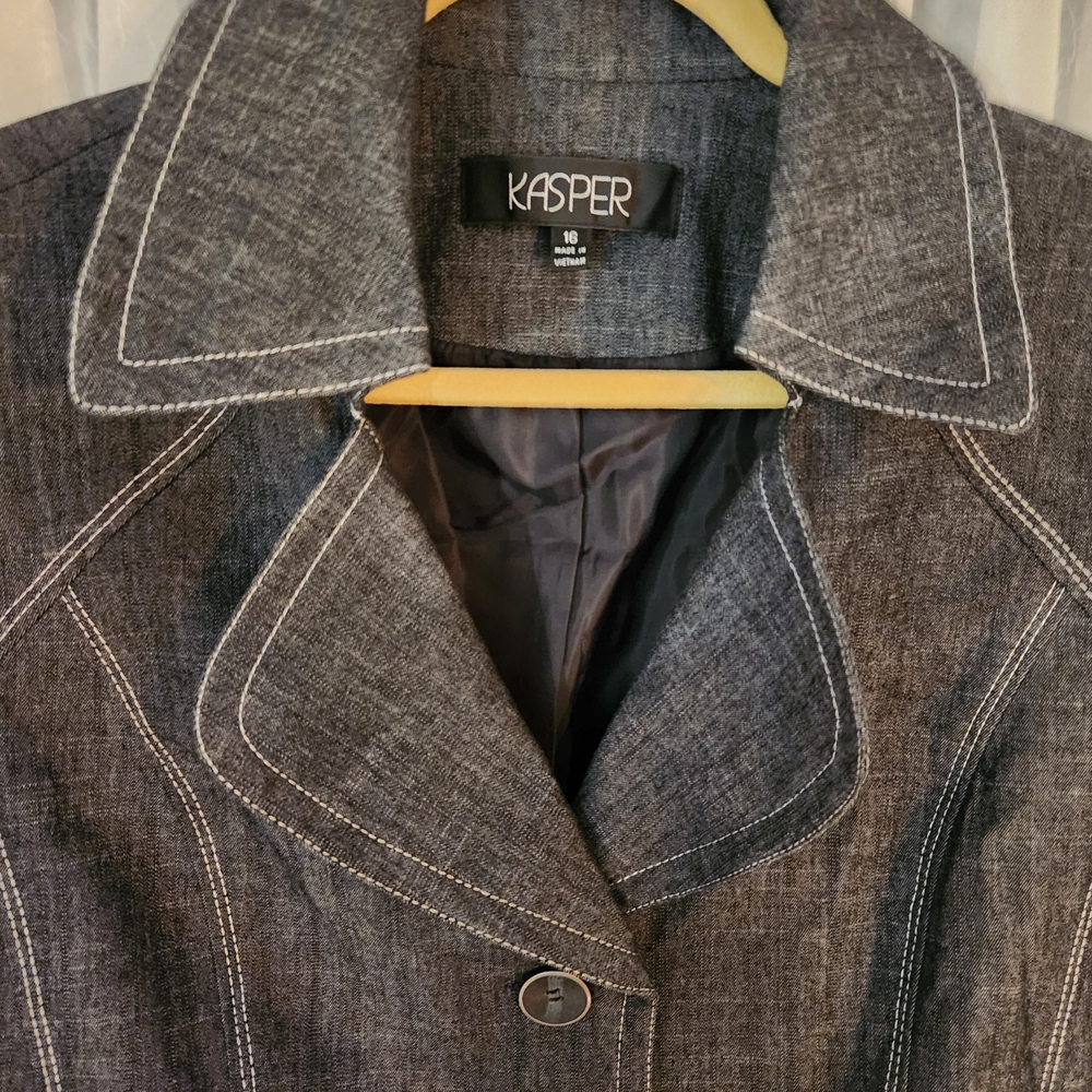 Kasper Women's Charcoal Denim Pantsuit Size 16 Business White Topstitch NWT - Picture 7 of 16